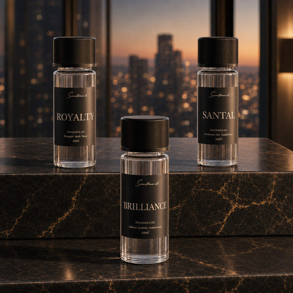 Top 3 Designer Scents Sample Discovery Set: 1. Brilliance Inspired by Baccarat Rouge 540 2. Royalty Inspired by Creed® Aventus 3. Santal Inspired by Le Labo® Santal 33