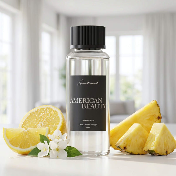 Scentiment American Beauty with lemon, pineapple, and flowers overlooking a window with white drapes.