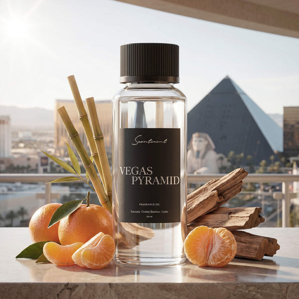 Scentiment Vegas Pyramid diffuser fragrance oil bottle with clementines, bamboo sticks, and blocks of wood on a marble table with the Luxor Las Vegas hotel in Las Vegas.