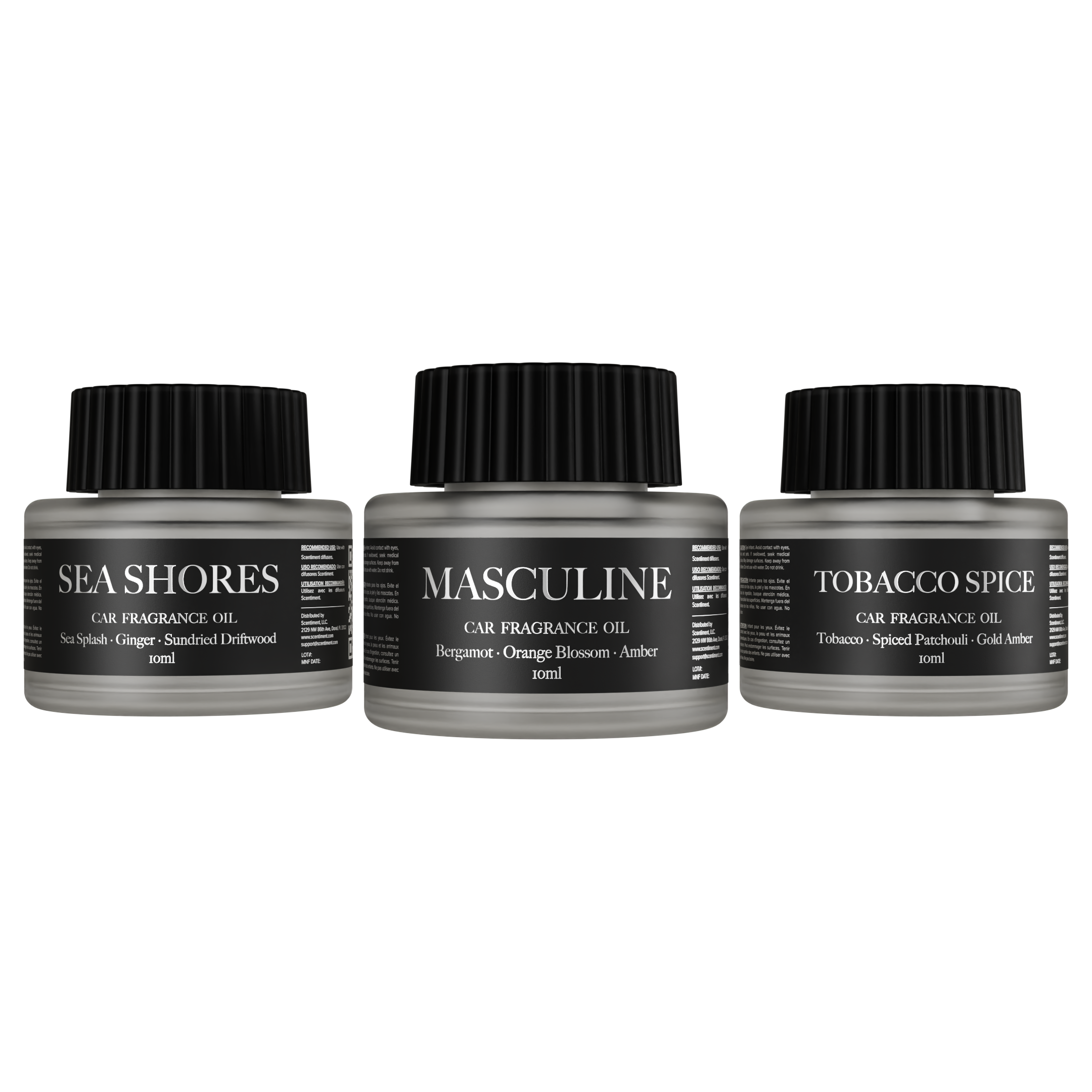 Three car fragrance oil bottles labeled 'Sea Shores', 'Masculine', and 'Tobacco Spice' on a white background.