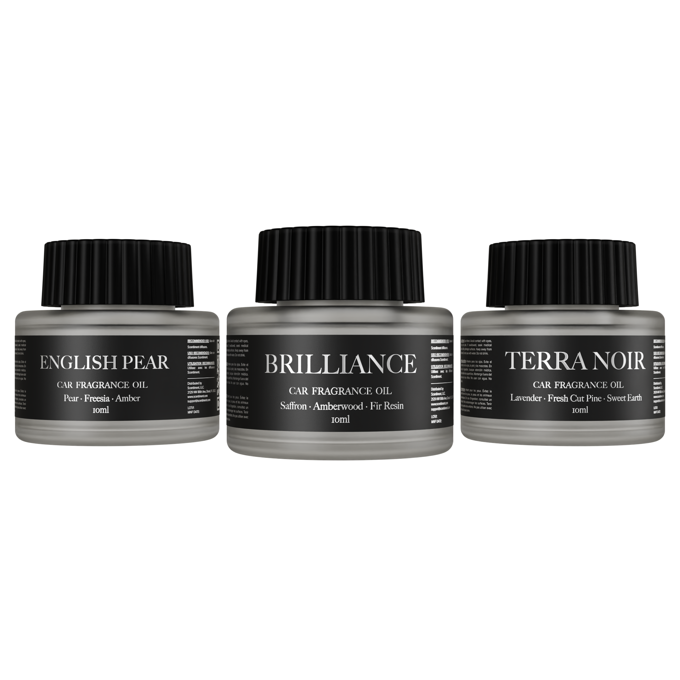 Three car fragrance oil bottles labeled 'English Pear', 'Brilliance', and 'Terra Noir' on a white background.