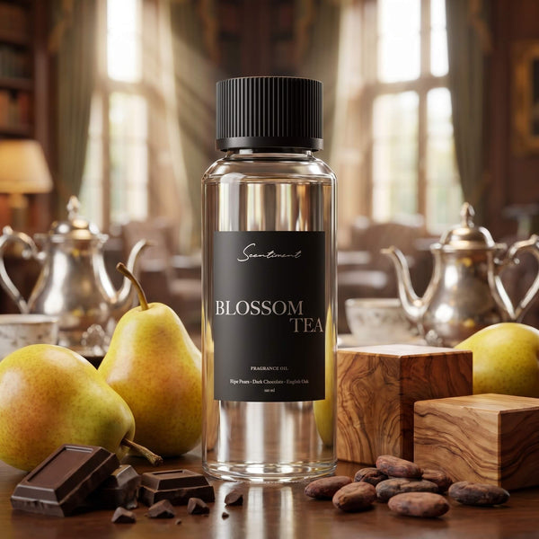 Scentiment Blossom Tea diffuser fragrance with pears, chocolate, and wooden blocks in a cozy tea room setting.