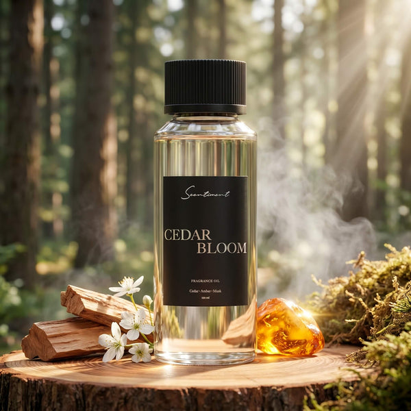 Scentiment Cedar Bloom diffuser fragrance oil on a wooden stump in a forest with the sun shining on.