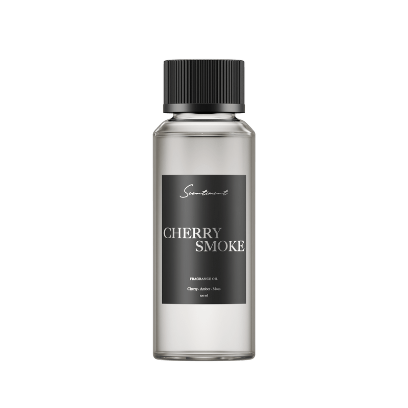 Clear bottle of Cherry Smoke diffuser fragrance oil bottle in 120 mL or 4.06 fl oz.