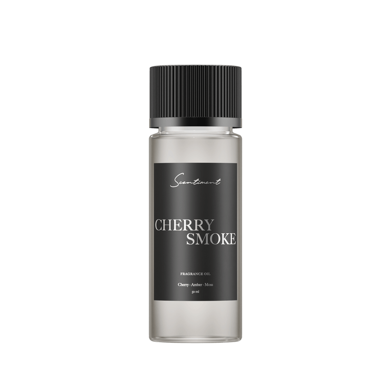 Clear bottle of Cherry Smoke diffuser fragrance oil bottle in 50 mL or 1.69 fl oz.
