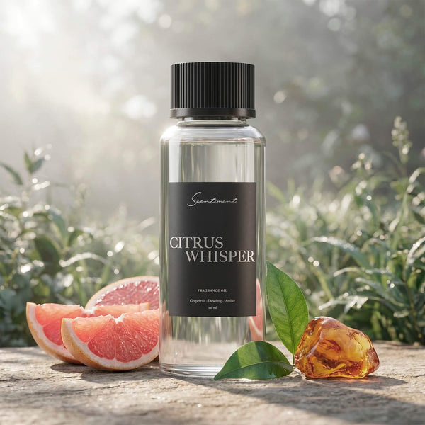 Scentiment Citrus Whisper diffuser fragrance oil bottle with grapefruit slices and amber on a natural background