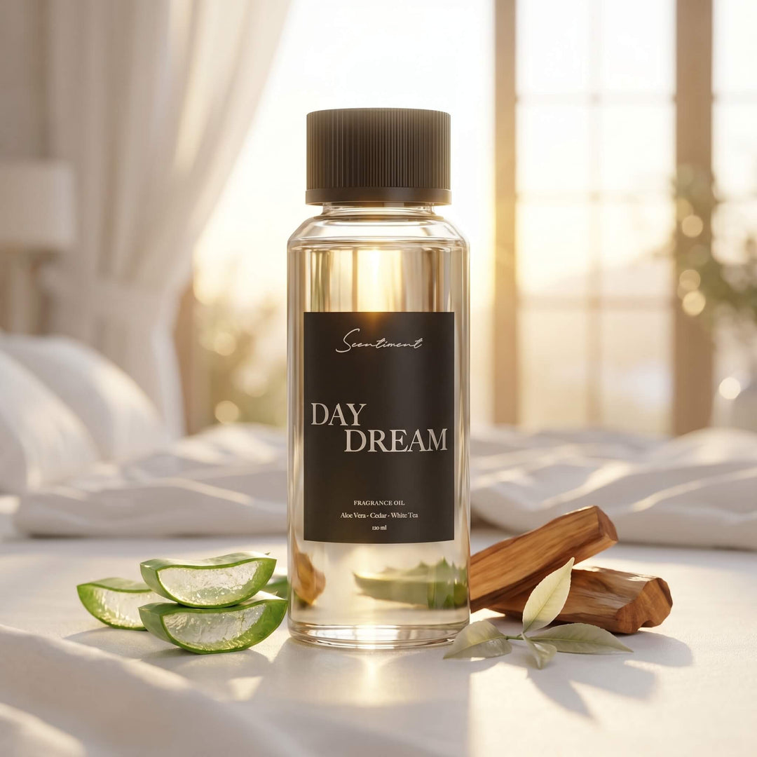 Scentiment Day Dream diffuser fragrance oil bottle with aloe vera slices, white tea leaves and sandalwood sticks on a bed overlooking a dreamy sun shining balcony background.