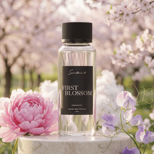 First Blossom diffuser fragrance oil bottle on a white marble stone with cherry blossoms in the background.