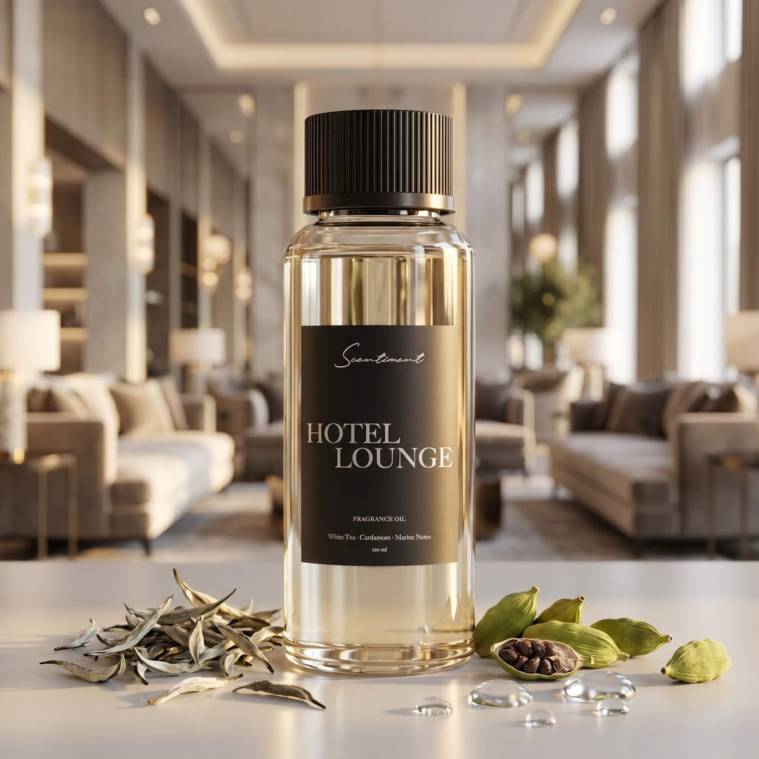 Scentiment Hotel Lounge diffuser fragrance oil bottle with botanicals in a hotel lobby.