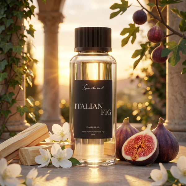 Scentiment Italian Fig diffuser fragrance oil with figs and flowers in a warm, outdoor garden setting with the sun shining through.