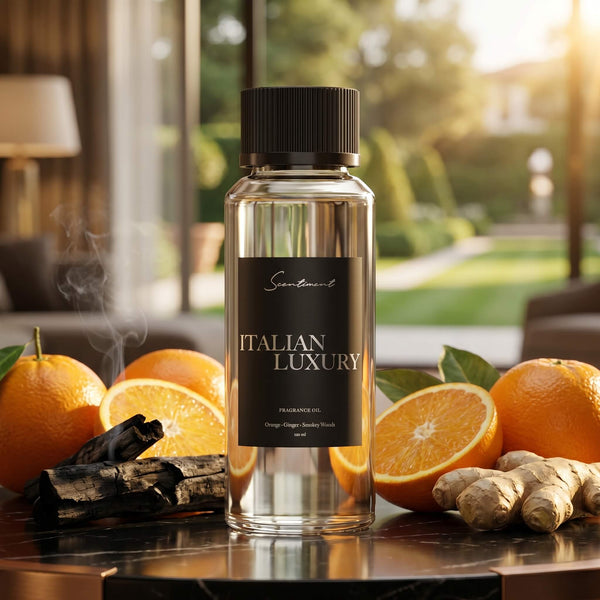 Scentiment Italian Luxury diffuser fragrance oil bottle with oranges, ginger and smoked wood on a black marble table with gold finishes overlooking Bulgari hotel garden with the sun shining through the room.