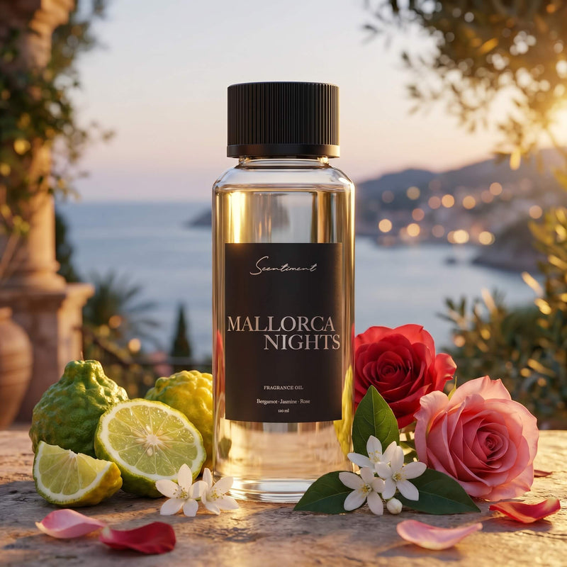 Scentiment Mallorca Nights diffuser fragrance bottle on a stone surface with roses, limes and petals on a scenic background of the Spanish coast.
