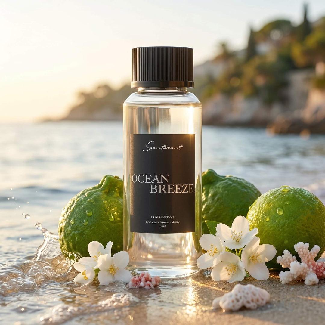 Scentiment Ocean Breeze diffuser fragrance oil bottle on the shores with Limes, white flowers and corals overlooking an ocean coast.