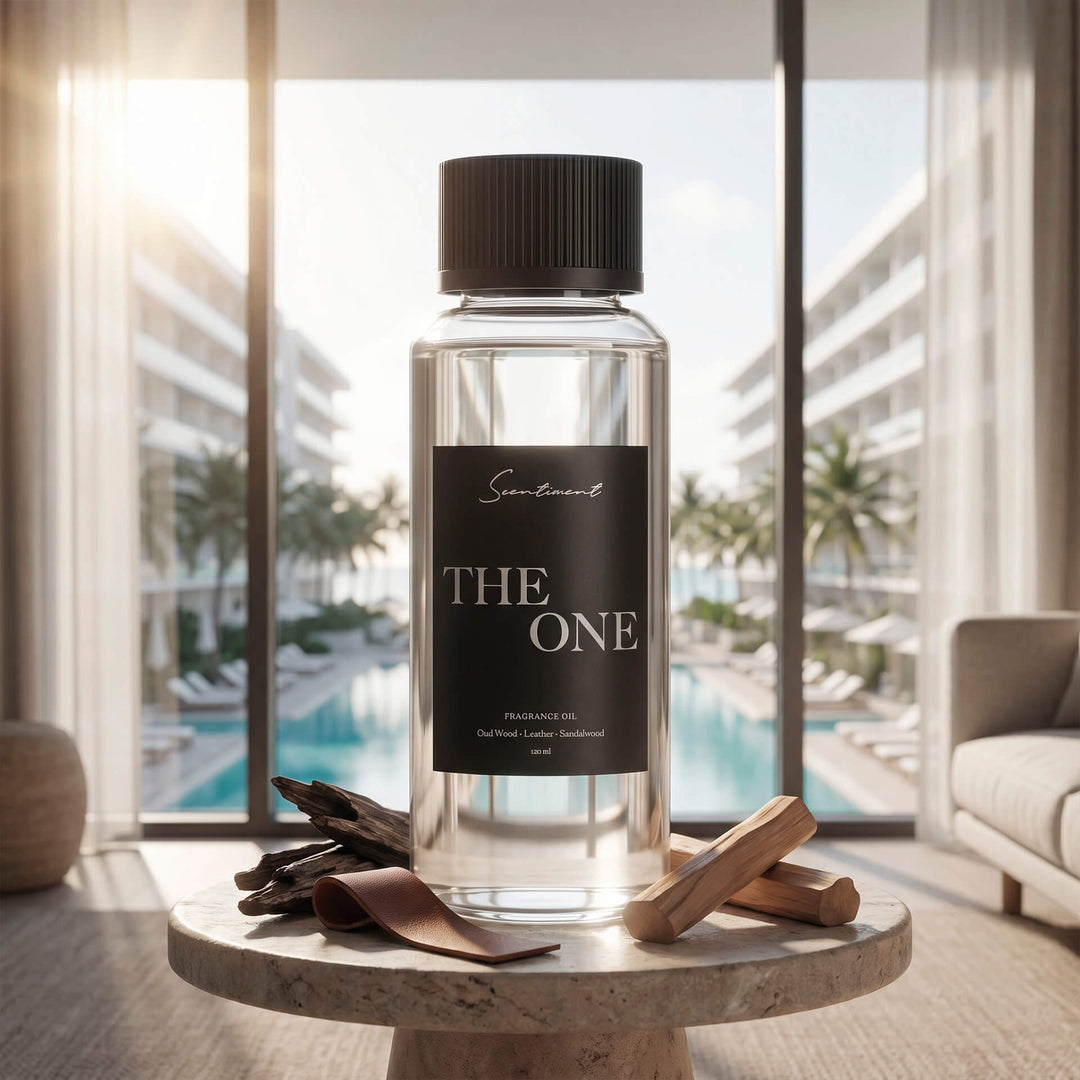 Scentiment The One diffuser oil bottle on a marble table with leather and wood sticks in a modern room at the 1 Hotel Miami Beach with large windows overlooking the pool.