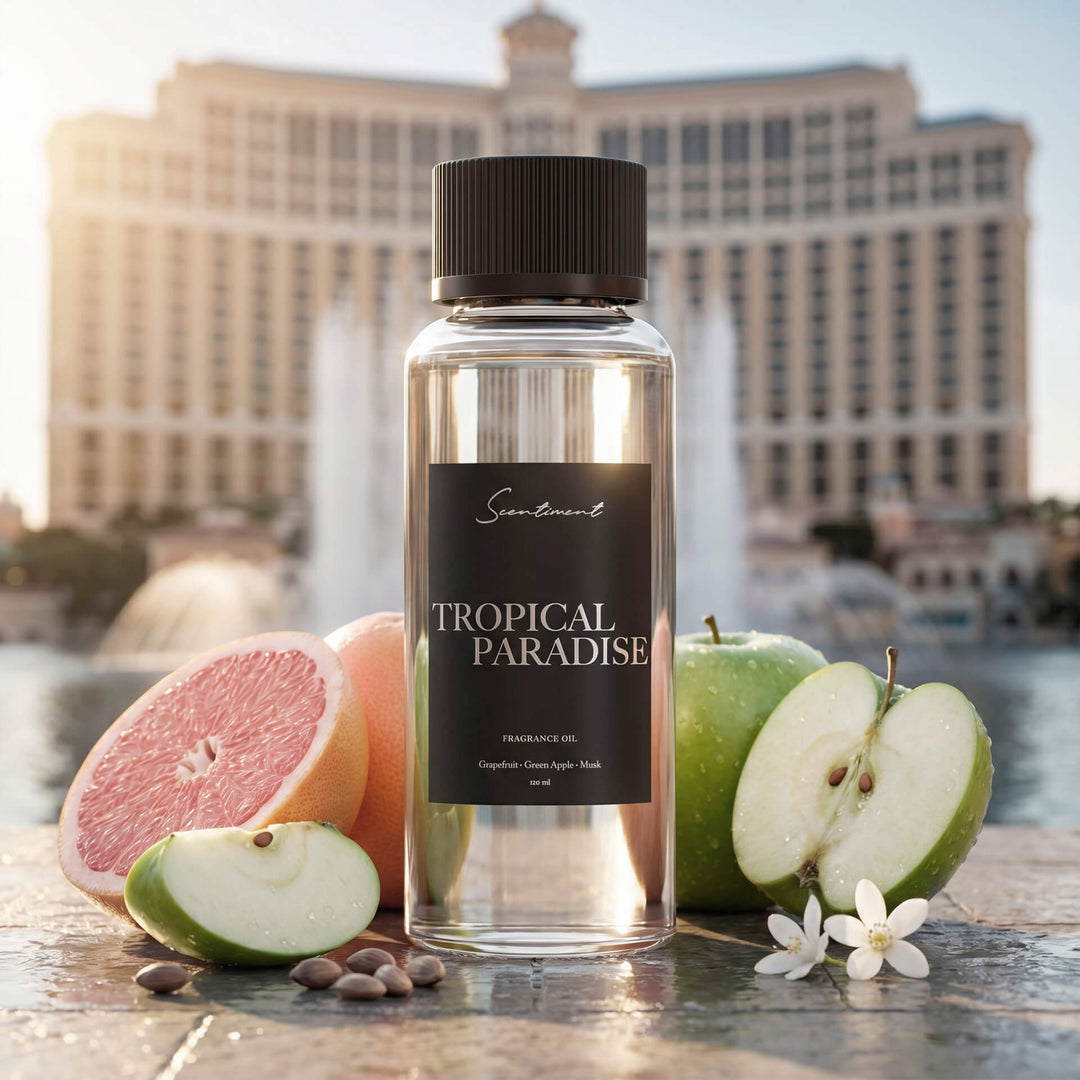 Scentiment Tropical Paradise diffuser oil bottle surrounded with fruits and a view of the Bellagio Las Vegas and the fountain in the background.