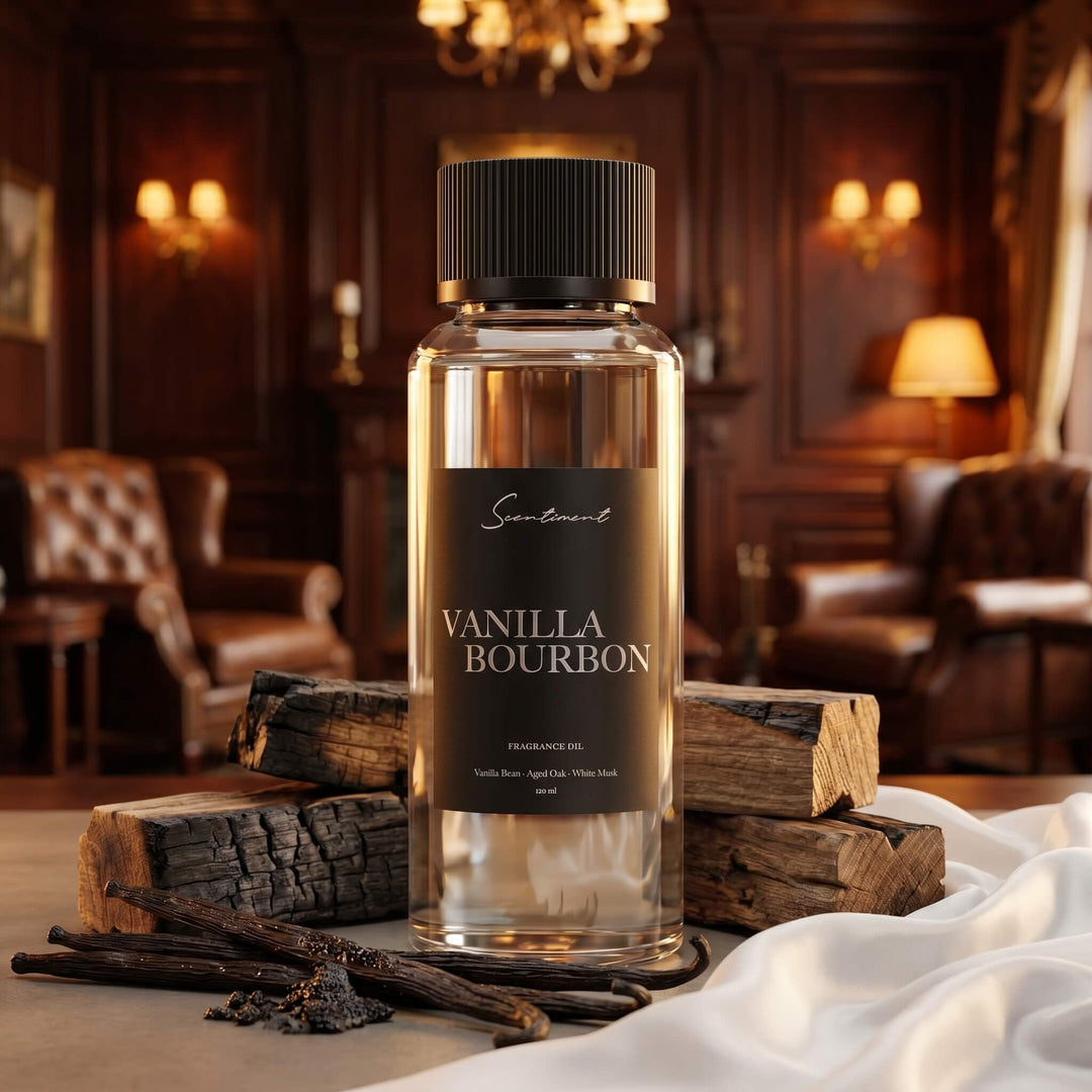 Scentiment Vanilla Bourbon diffuser fragrance oil bottle with wood pieces and bourbon sticks in a luxurious executive lounge room setting.