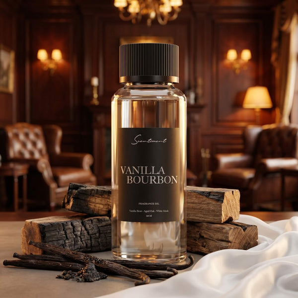 Scentiment Vanilla Bourbon diffuser fragrance oil bottle with wood pieces and bourbon sticks in a luxurious executive lounge room setting.