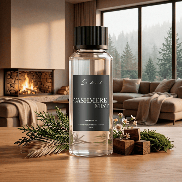 Scentiment Cashmere Mist diffuser oil on a wooden table in front of a luxurious living room with a fireplace inside a house surrounding a forest.