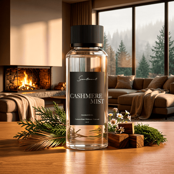 Scentiment Cashmere Mist diffuser oil on a wooden table in front of a luxurious living room with a fireplace inside a house surrounding a forest.