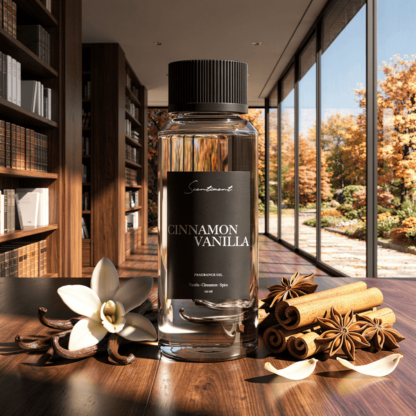 Scentiment Cinnamon Vanilla diffuser oil bottle on a wooden surface with spices and vanilla flower.