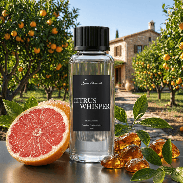Scentiment Citrus Whisper diffuser oil with notes of grapefruit, amber and dewdrop leaves