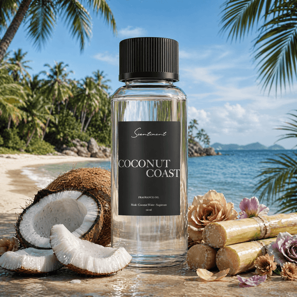 Scentiment Coconut Coast diffuser oil with coconuts, flowers, and sugarcane on a beach background