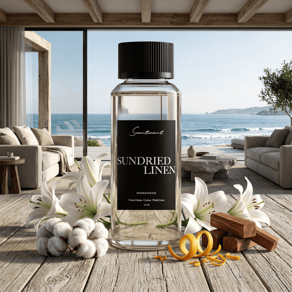 Scentiment Sundried Linen diffuser oil bottle on a wooden deck with ocean view