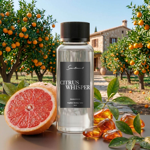 Scentiment Citrus Whisper diffuser oil with notes of grapefruit, amber and dewdrop leaves