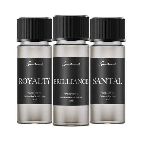 Top 3 Designer Scents Sample Discovery Set: 1. Brilliance Inspired by Baccarat Rouge 540 2. Royalty Inspired by Creed® Aventus 3. Santal Inspired by Le Labo® Santal 33
