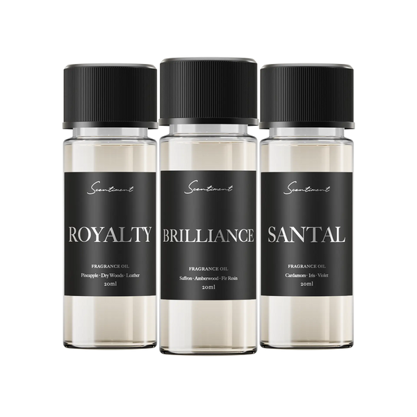 Top 3 Designer Scents Sample Discovery Set: 1. Brilliance Inspired by Baccarat Rouge 540 2. Royalty Inspired by Creed® Aventus 3. Santal Inspired by Le Labo® Santal 33