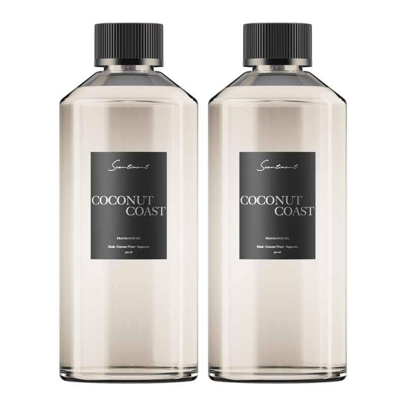 Coconut Coast diffuser fragrance oil bottle in two 500 mL bottles