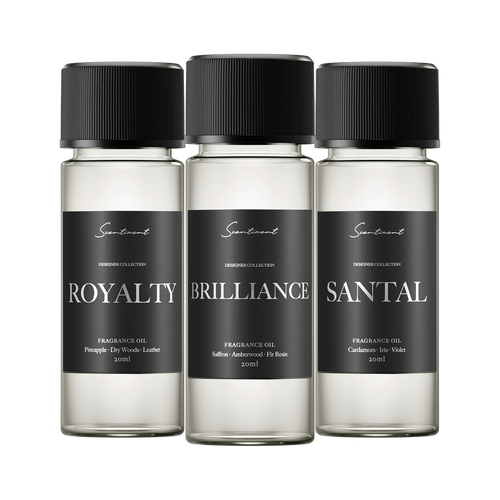 Top 3 Designer Scents Sample Discovery Set: 1. Brilliance Inspired by Baccarat Rouge 540 2. Royalty Inspired by Creed® Aventus 3. Santal Inspired by Le Labo® Santal 33