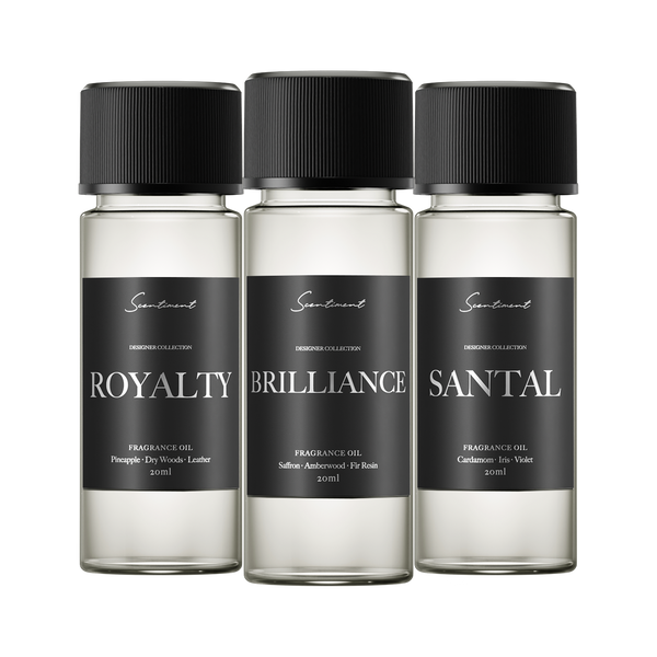 Top 3 Designer Scents Sample Discovery Set: 1. Brilliance Inspired by Baccarat Rouge 540 2. Royalty Inspired by Creed® Aventus 3. Santal Inspired by Le Labo® Santal 33