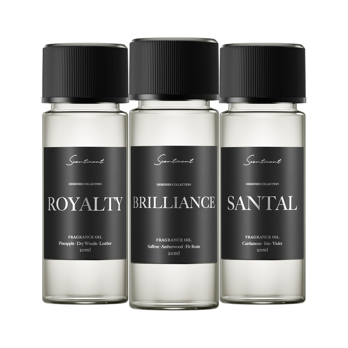 Top 3 Designer Scents Sample Discovery Set: 1. Brilliance Inspired by Baccarat Rouge 540 2. Royalty Inspired by Creed® Aventus 3. Santal Inspired by Le Labo® Santal 33