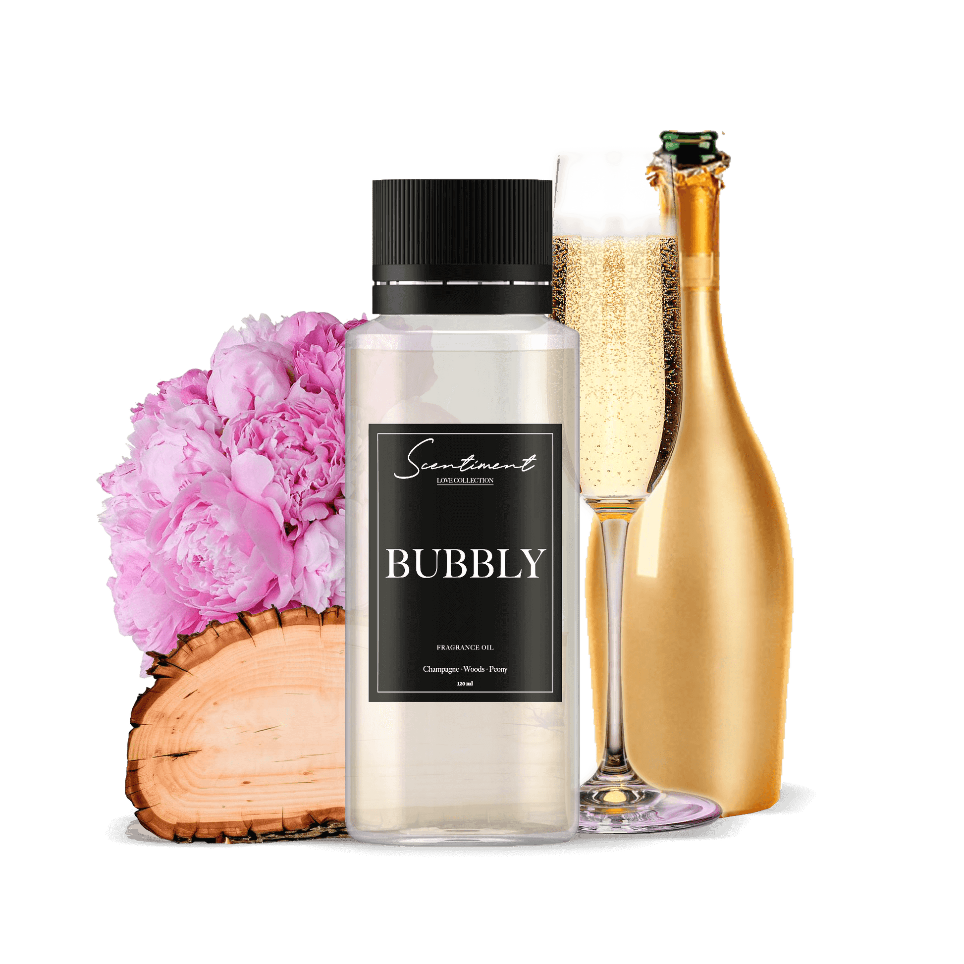 Bubbly Oil Fragrance, with notes of Champagne, Woods, and Peony.