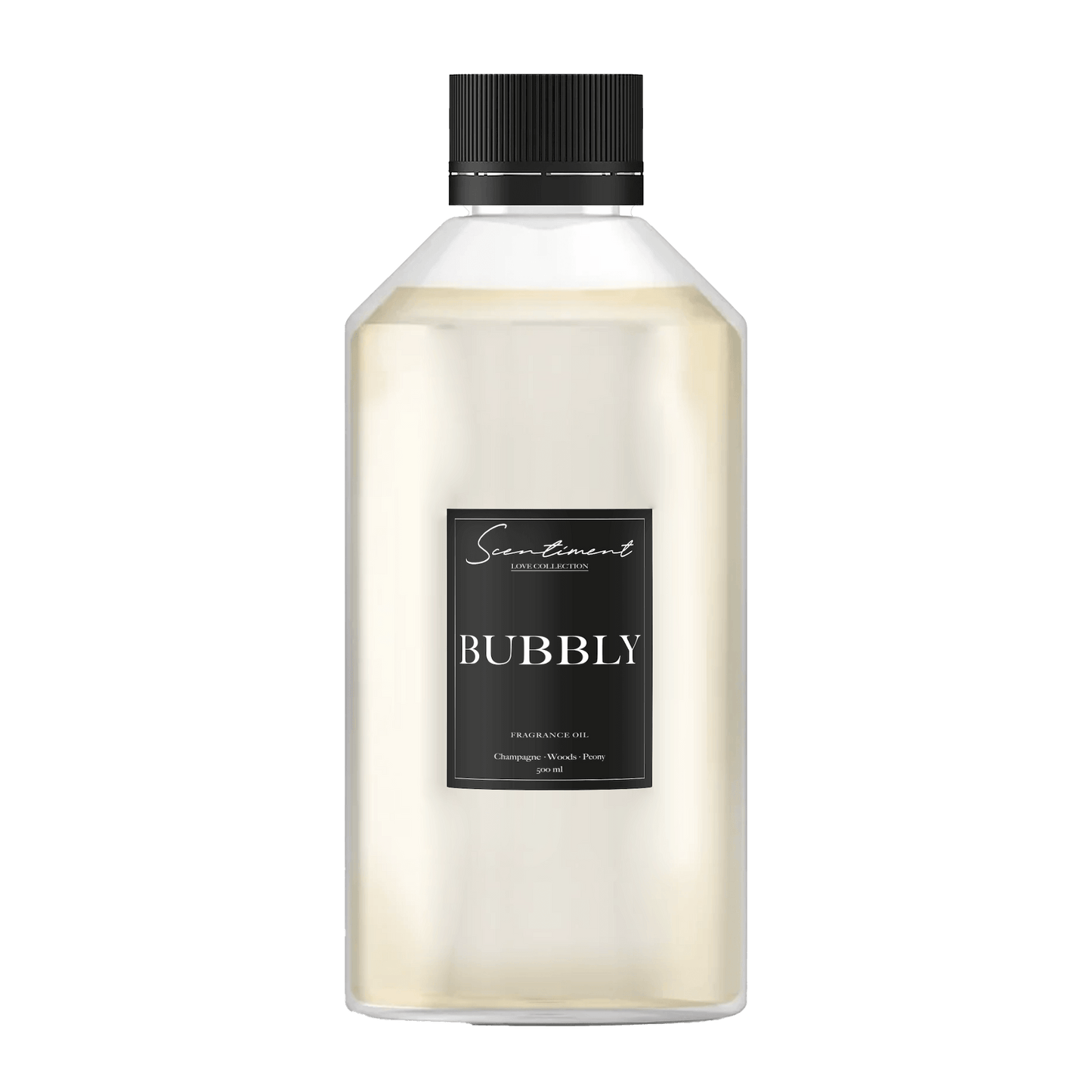 Bubbly Oil Fragrance, with notes of Champagne, Woods, and Peony.