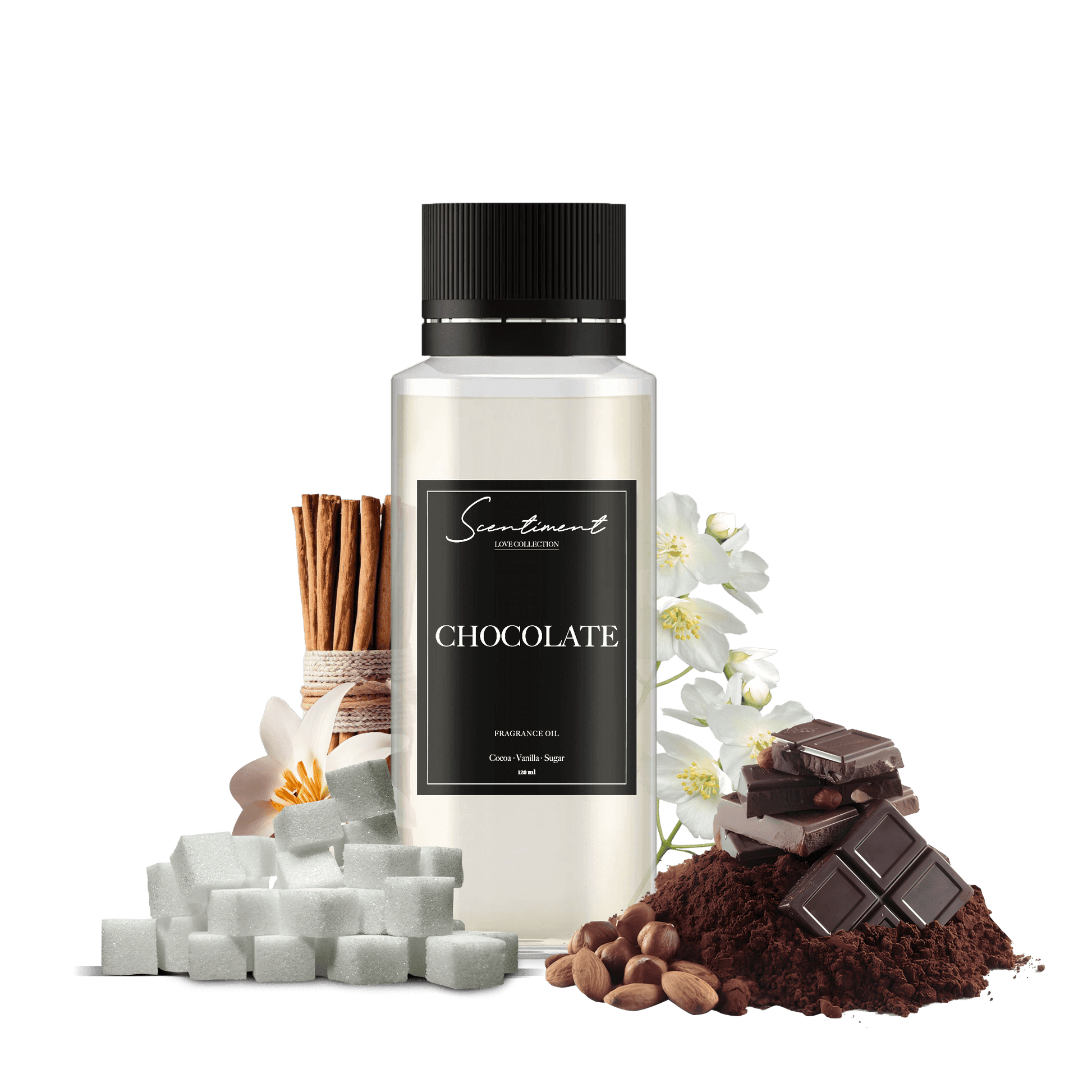 Chocolate Oil Fragrance, with notes of Cocoa, Vanilla, and Sugar.