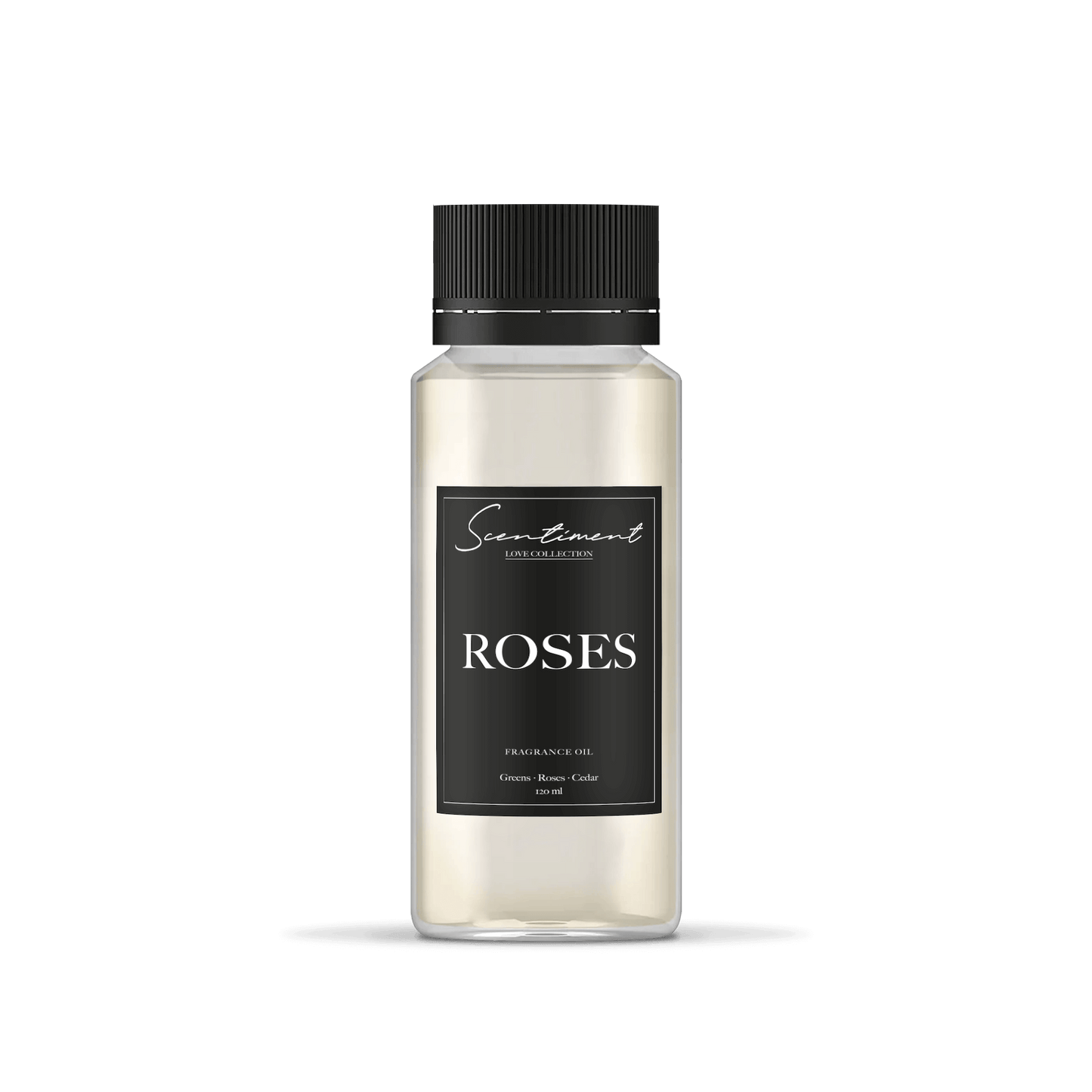 Roses Oil Fragrance, with notes of Greens, Roses, and Cedar.