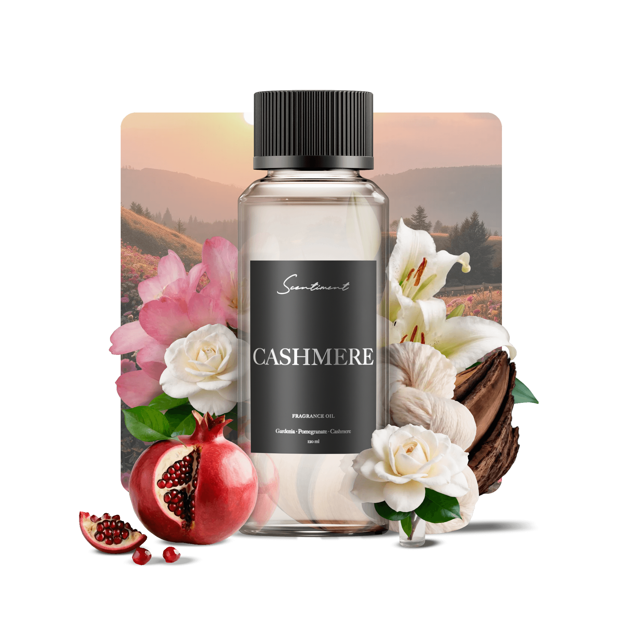 Cashmere Fragrance Oil with notes of Gardenia, Freesia, Pomegranate, Lily, Cashmere, Woods