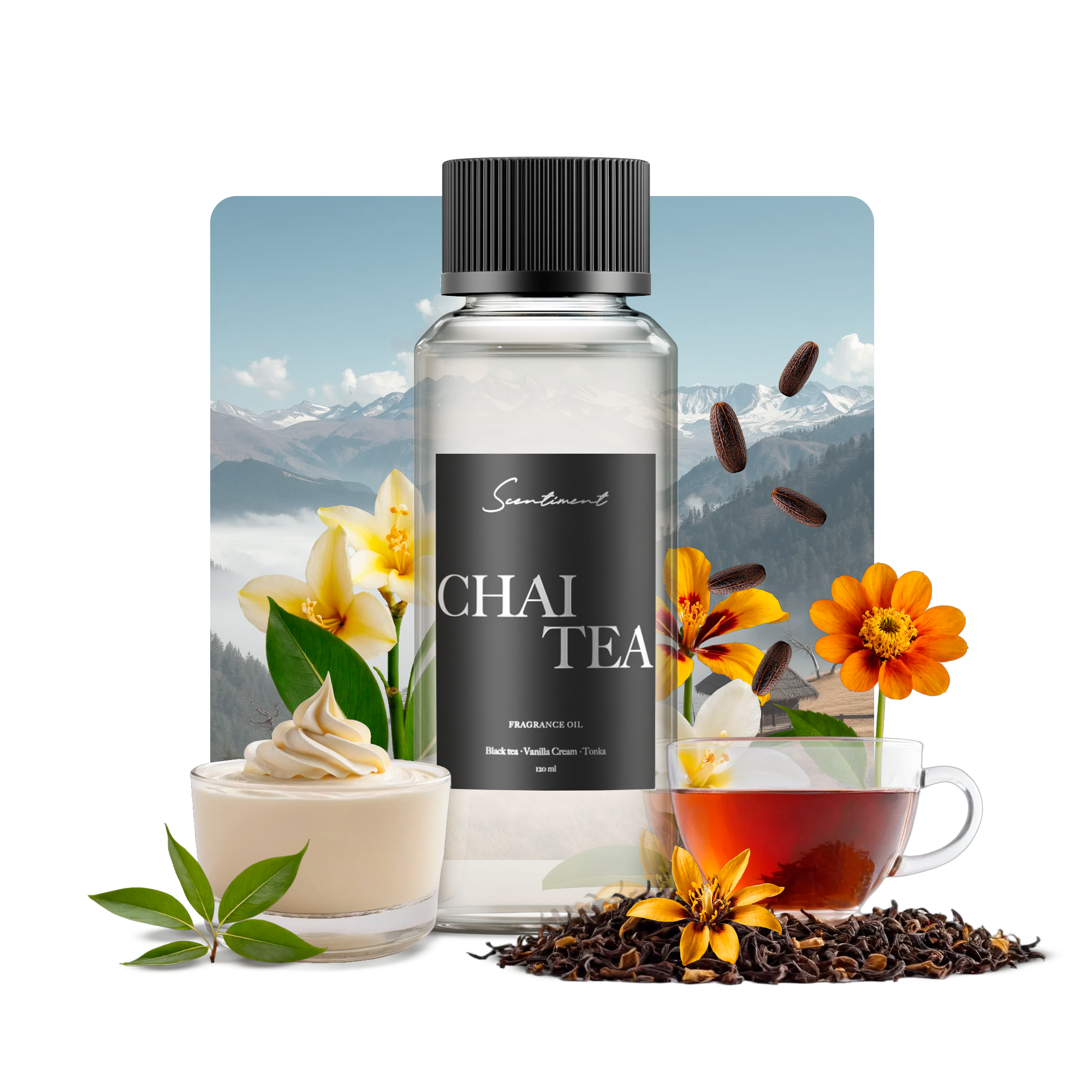 Chai Tea Fragrance Oil with notes of Warm Clove, Peppercorn, Black Tea, Rosehip, Cinnamon, Vanilla Cream, Tonka