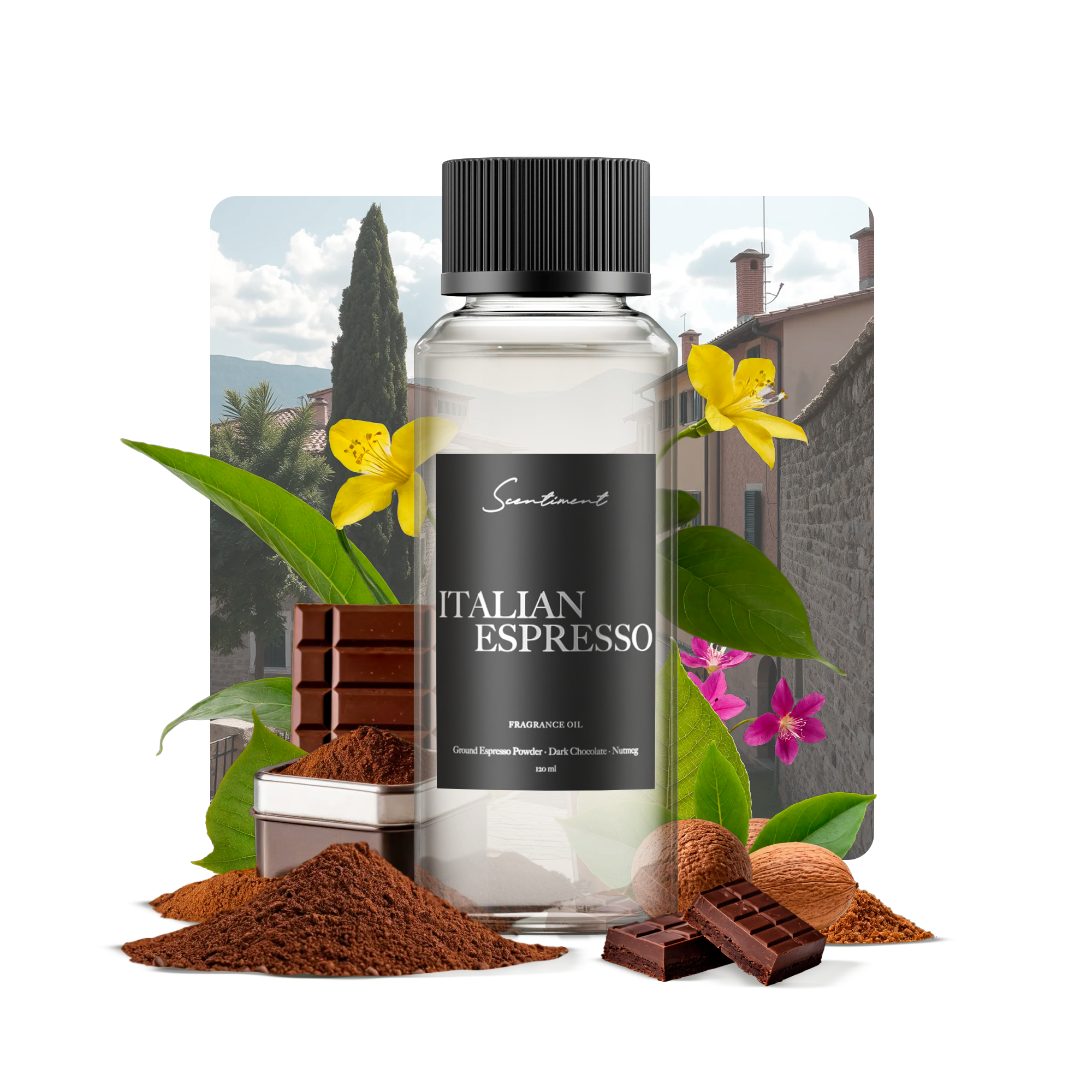 Italian Espresso Fragrance Oil with notes of Ground Espresso Powder, Dark Chocolate, Milky Caramel, Nutmeg, Maple