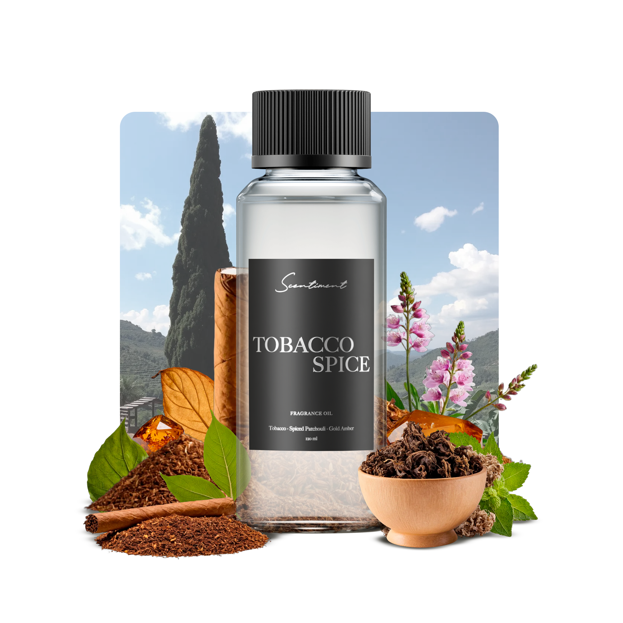 Tobacco Spice Fragrance Oil with notes of Hay, Tobacco, Spiced Patchouli, Cedarwood, Vetiver, Musk, Gold Amber