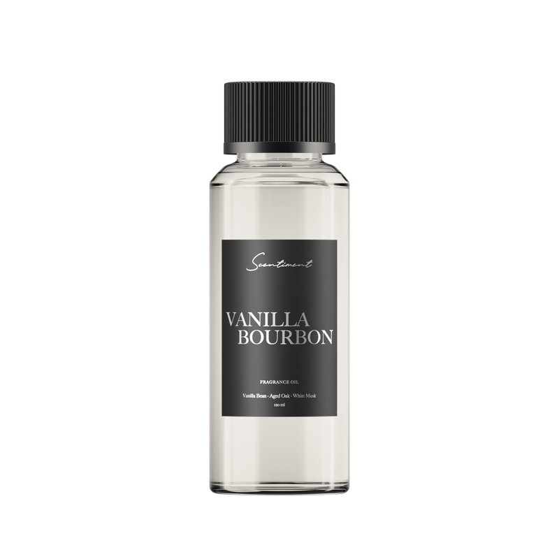 Scentiment Vanilla Bourbon fragrance oil with dark vanilla and aged oak notes in a 120 mL bottle