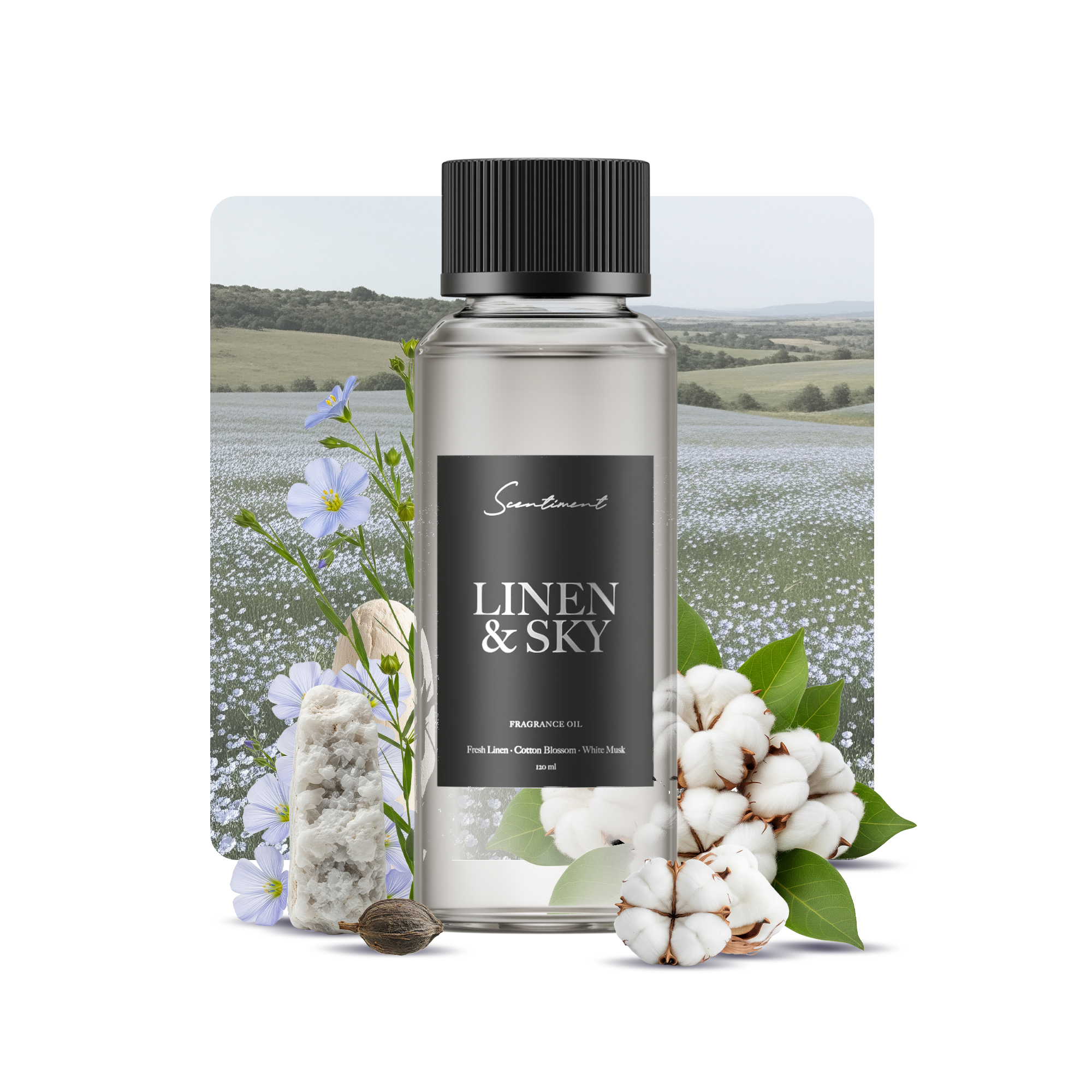 Linen & Sky Fragrance Diffuser Oil with ingredients