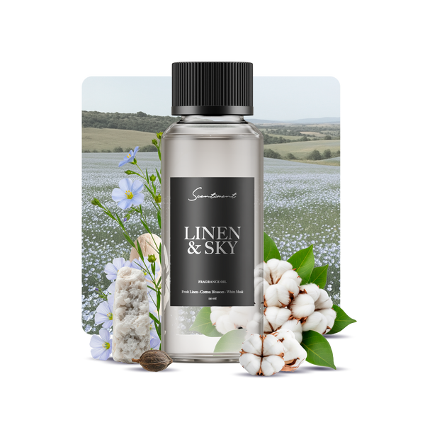 Linen & Sky Fragrance Diffuser Oil with ingredients