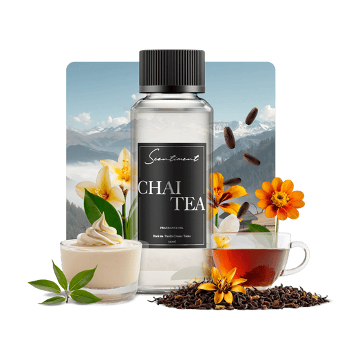 Chai Tea Fragrance Oil with notes of Warm Clove, Peppercorn, Black Tea, Rosehip, Cinnamon, Vanilla Cream, Tonka