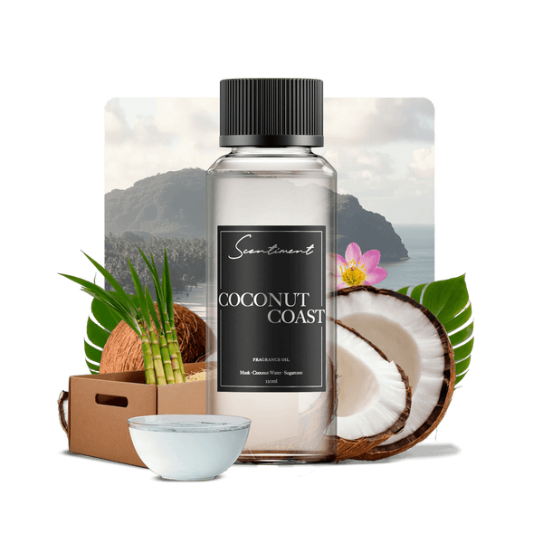 Coconut Coast Fragrance Oil with notes of Teakwood, Birch, Coconut Water, Musk, Sugarcane, Amber