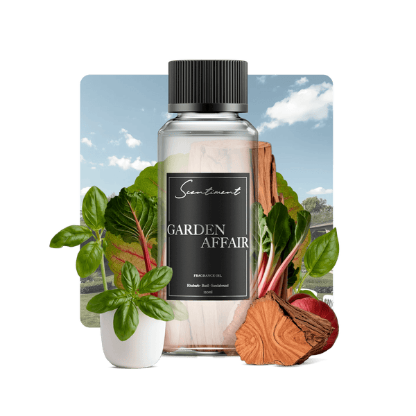 Garden Affair Fragrance Oil with notes of Rhubarb, Basil, Crushed Thyme, Sandalwood