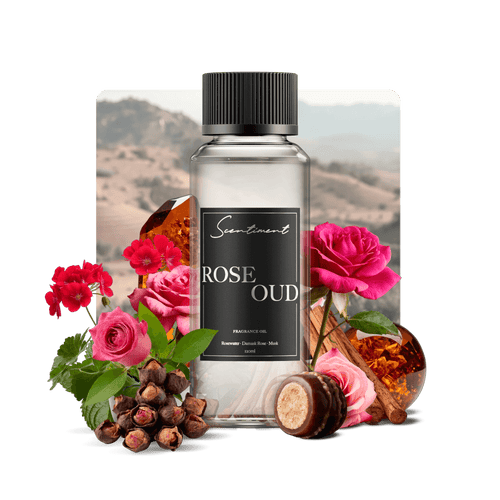 Rose Oud Fragrance Oil with notes of Clove, Praline, Rosewater, Damask Rose, Geranium, Patchouli, Sandalwood, Amber, Musk
