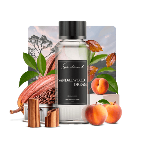 Sandalwood Dream Fragrance Oil with notes of Peach, Smoked Coconut, Rose Petals, Cacao, Sandalwood, White Musk